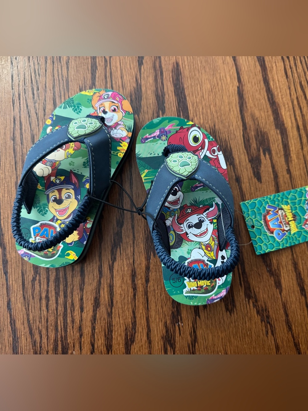 NWT Boys PAW Patrol Dino Movie Unisex Kids Flip Flop Sandals Size 5/6 Green/Navy